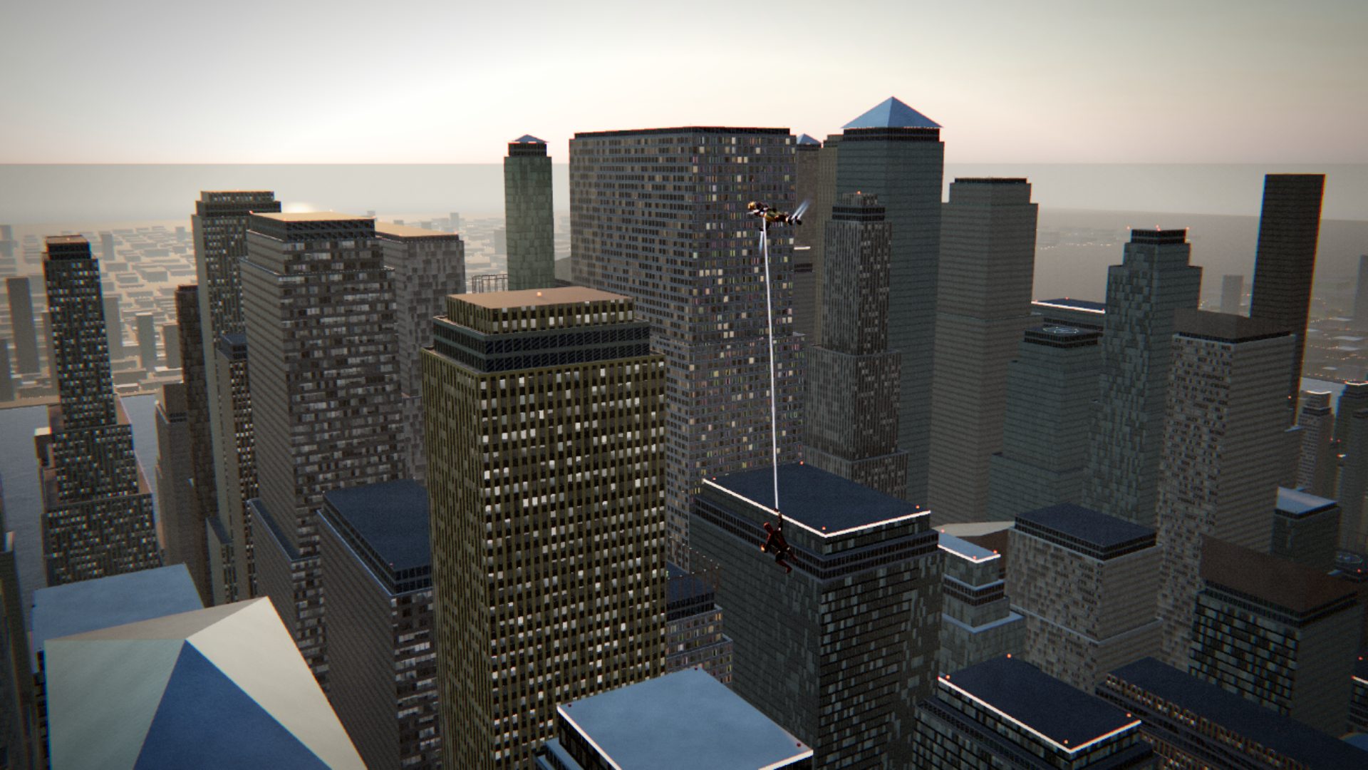 Aerial view of the Manhattan-style city at dusk
