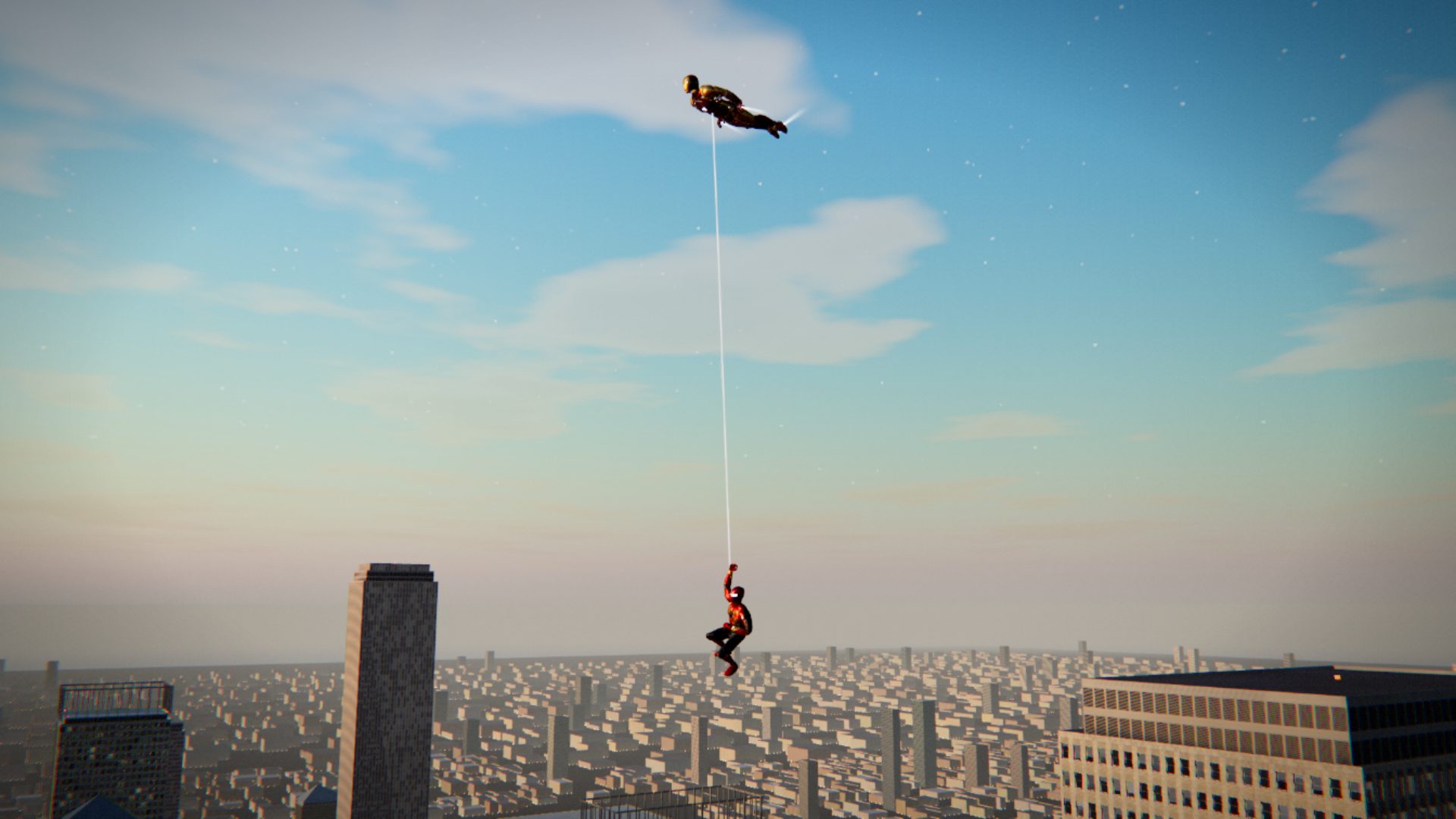 Spider-Man hanging on a web tethered to Iron Man flying above