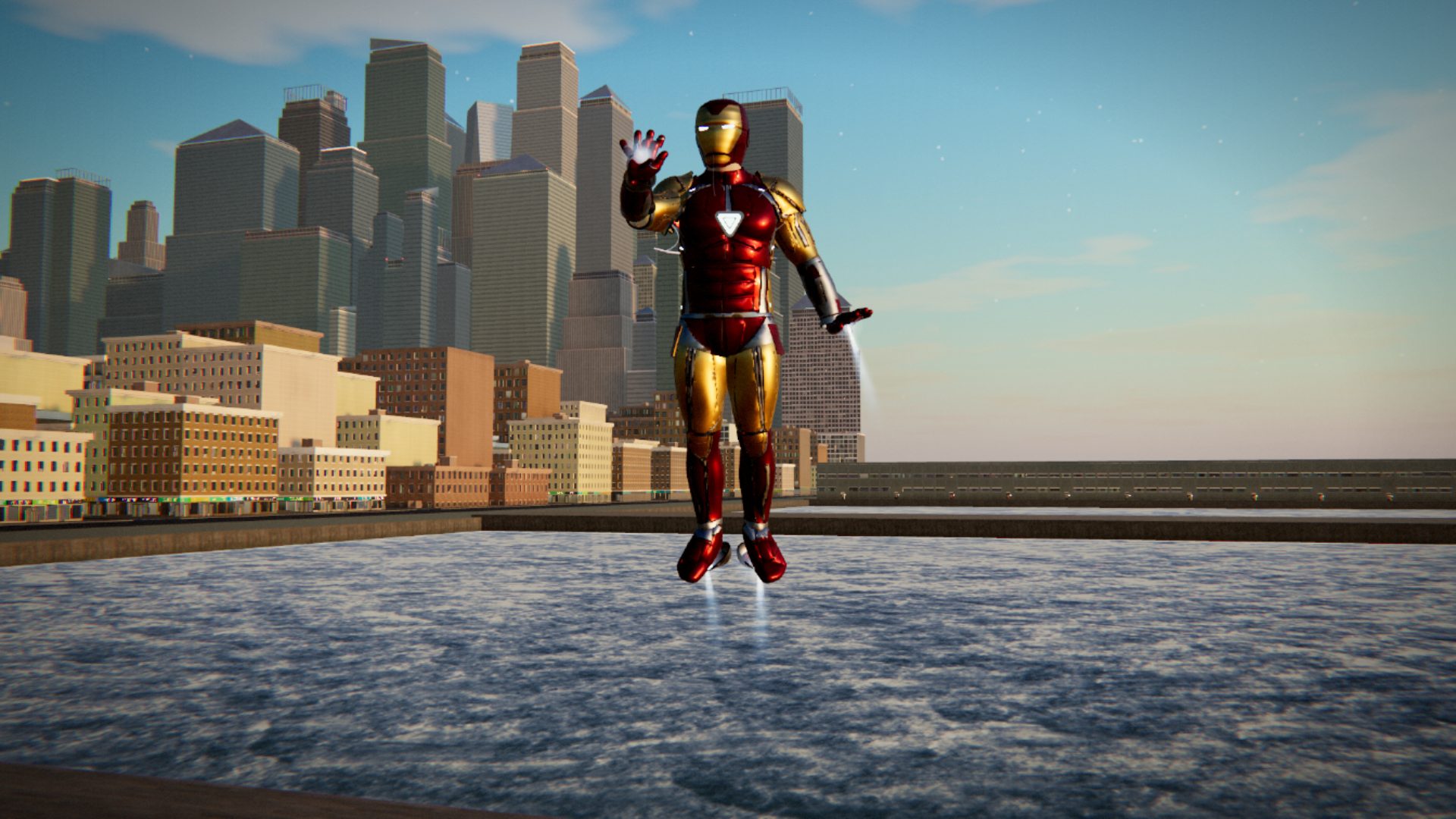 Iron Man Mark 85 hovering over the river at golden hour, Manhattan behind him