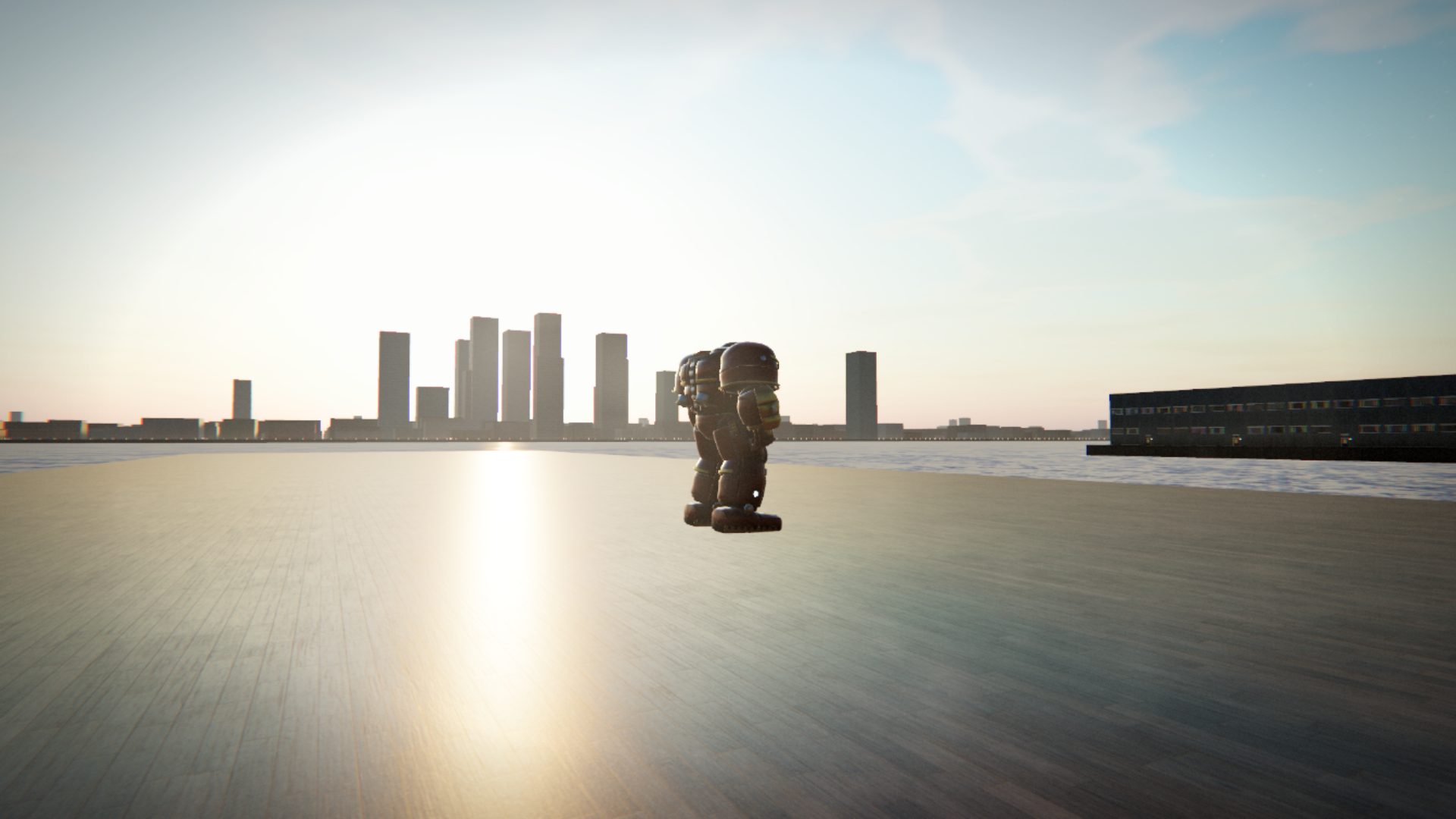 The Hulkbuster on the waterfront at sunset