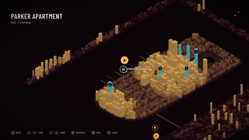 The in-game map: an isometric city built of square dots with mission badges