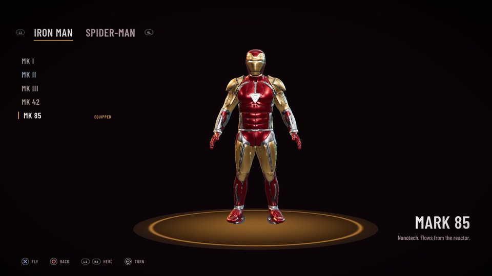Hero select with the Mark 85 armour
