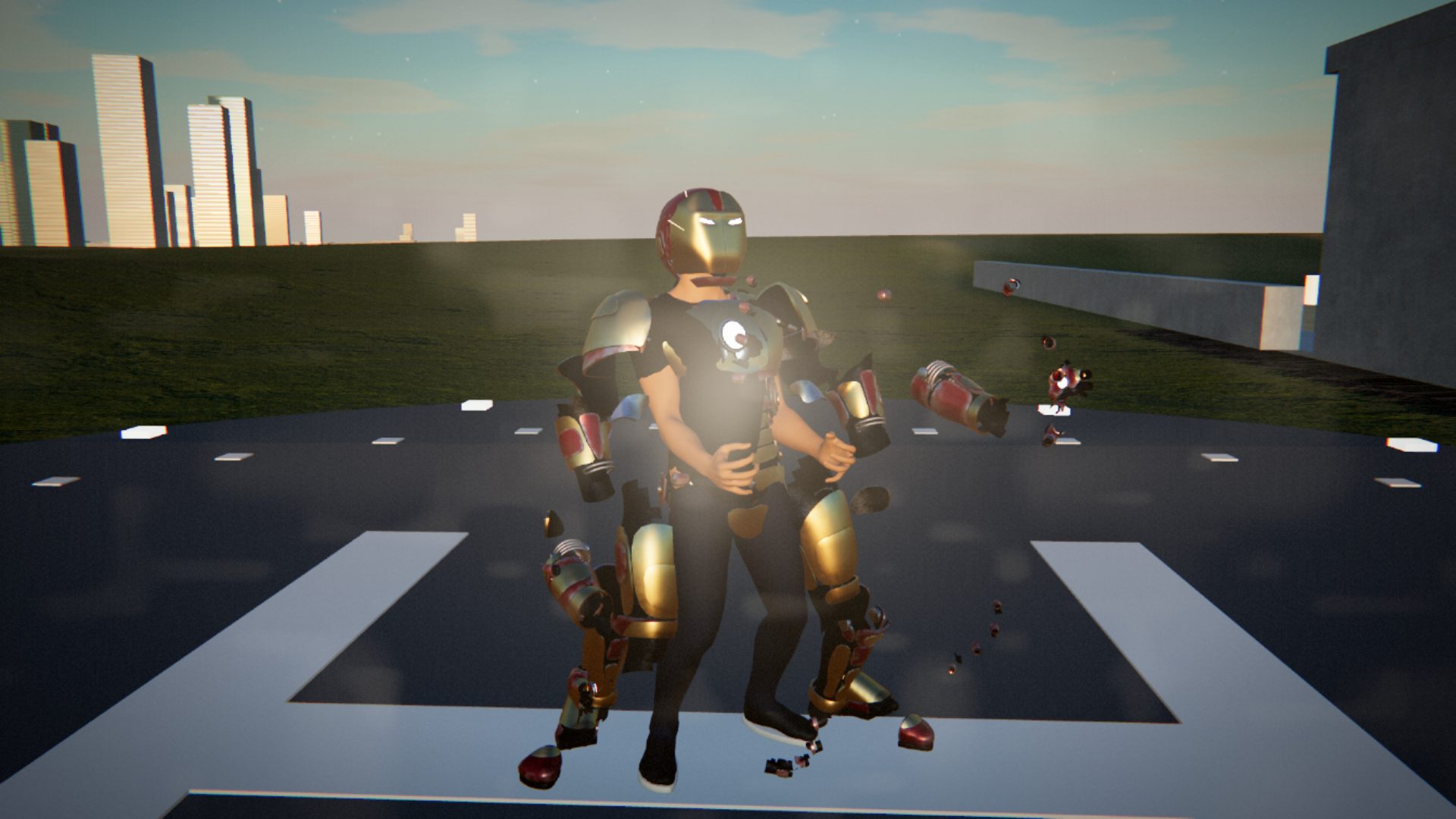 Mark 42 armour pieces flying onto Tony Stark on the villa landing pad