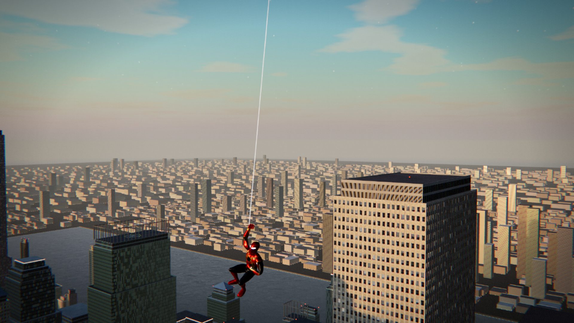 Spider-Man swinging on a web line above the city